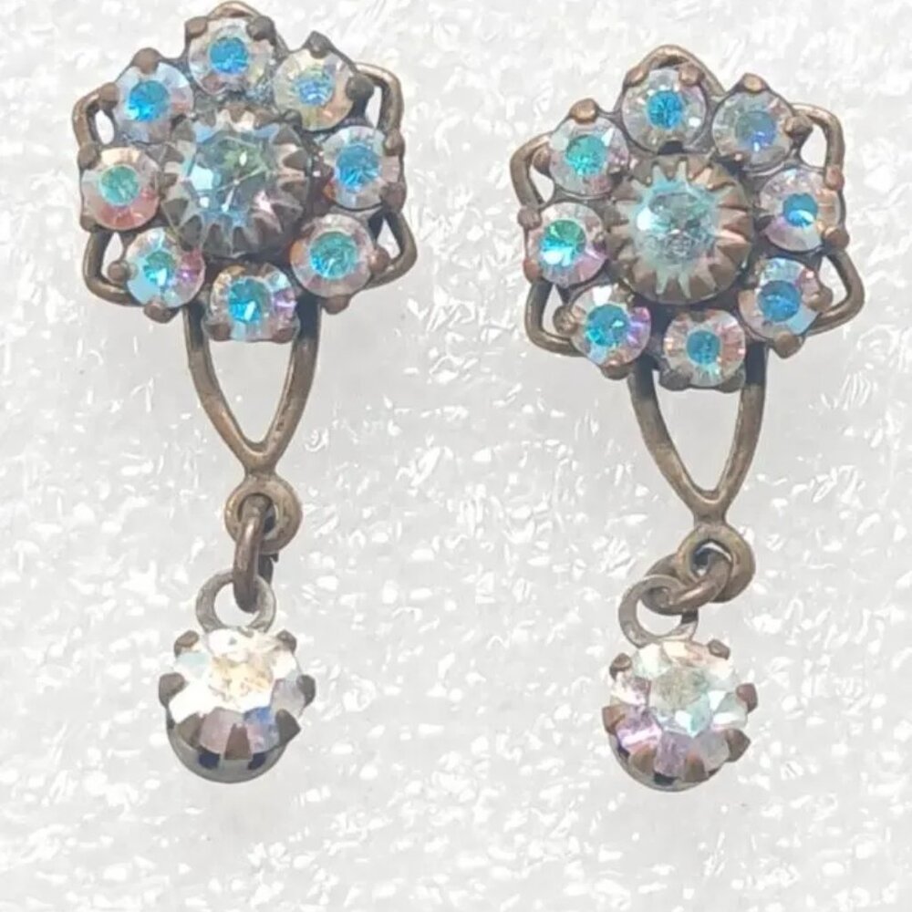 Vintage Kenny Ma Blue Rhinestone Earrings Floral Dangle 1” Midcentury 4.6g
